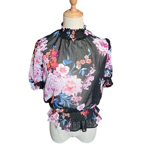 June & Hudson Blavk Sheer Floral High Neck Peplum Blouse Top